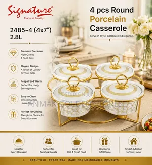 7.0" (2.8 Ltr) 4 PCS Round Ceramic(Porcelain Casserole With Gold Stand