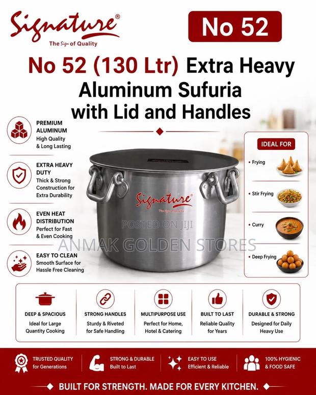 Aluminum Extra Heavy Sufurias With Lid and Handle No52(130 LTR Approx)
