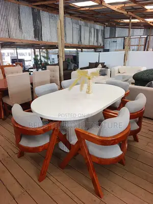6-Seater Oval Dining Set – Wooden With Cushioned Chairs