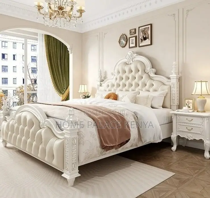 King Bed: Brown and White Mahogany Tufted Bed
