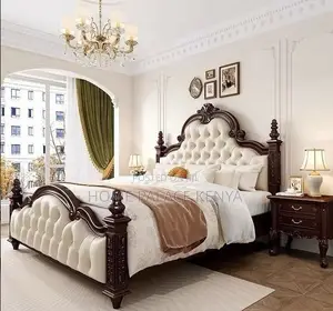 King Bed: Brown and White Mahogany Tufted Bed