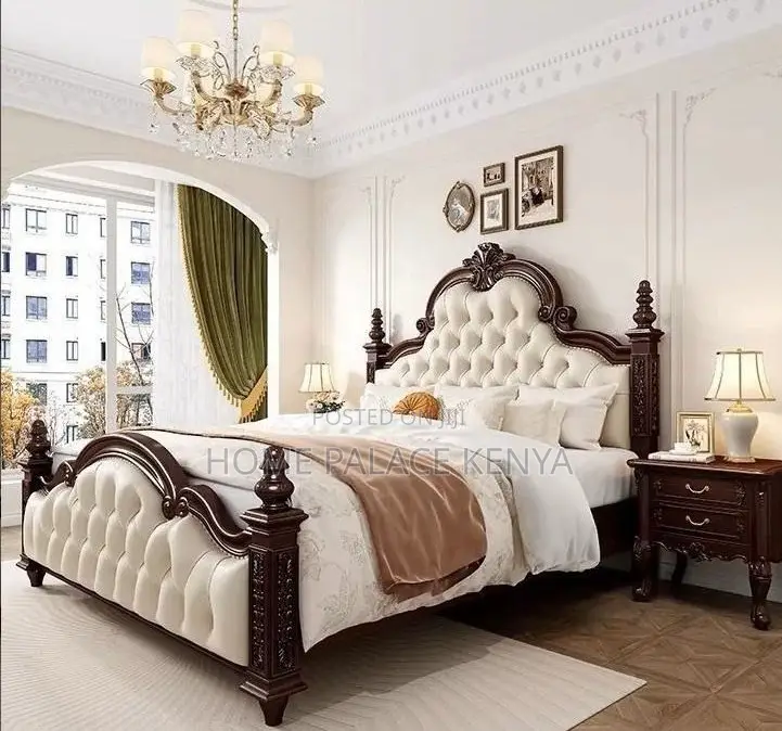 King Bed: Brown and White Mahogany Tufted Bed