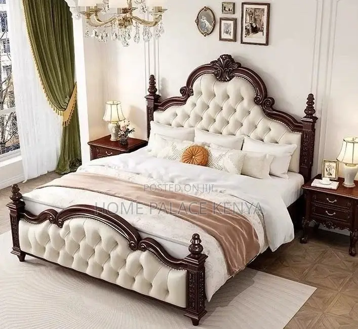 King Bed: Brown and White Mahogany Tufted Bed