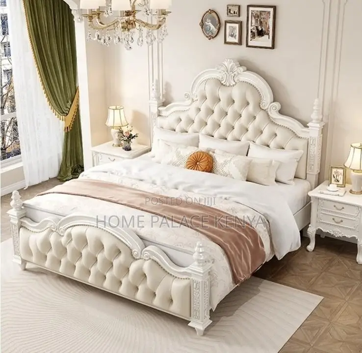 King Bed: Brown and White Mahogany Tufted Bed