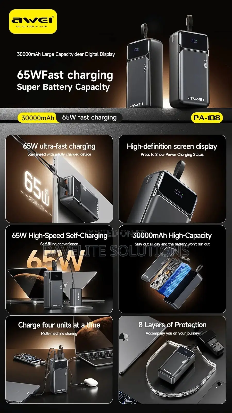 Laptop Powerbank, Awei Powerbank, (Pa-108), 65w, 30000mah