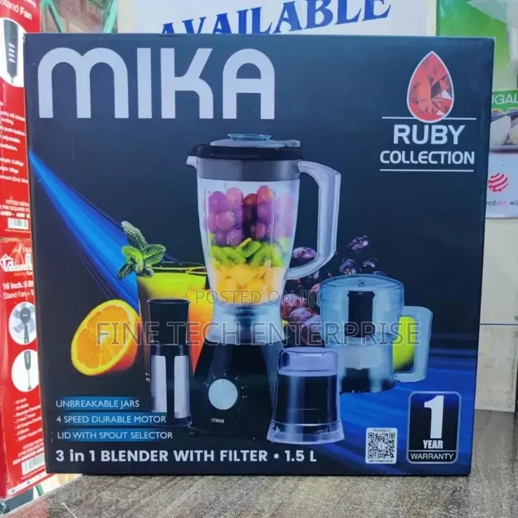 *Mika 3in1 Blender, With Grinder, Chopper SS Filter, 400W, Black .