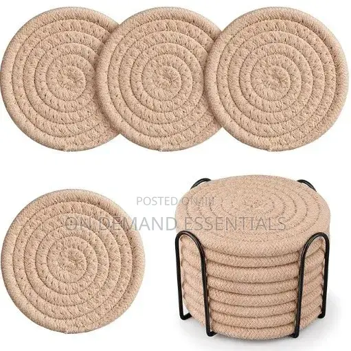 8pcs Absorbent Cotton Woven Drink Coasters With Metal Stand Holder