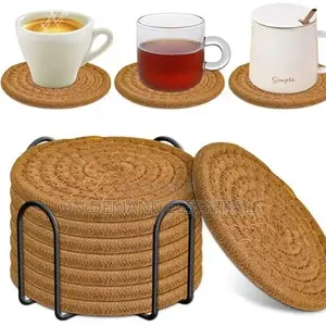 8pcs Absorbent Cotton Woven Drink Coasters With Metal Stand Holder