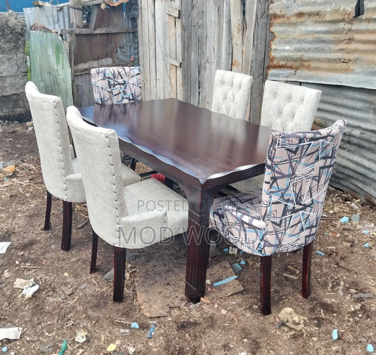 Modern Six-Seater Wooden Dining Set With Tufted Seats