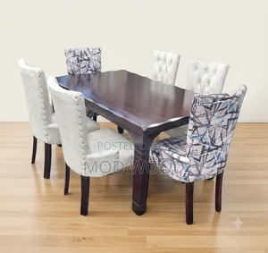 Modern Six-Seater Wooden Dining Set With Tufted Seats