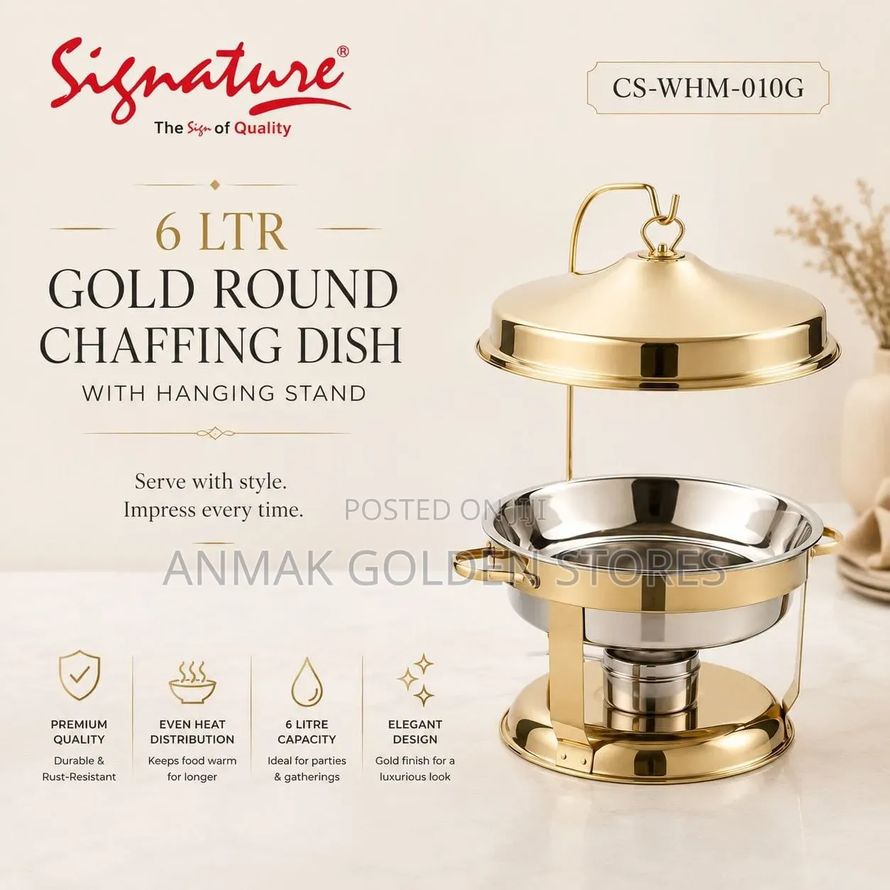 6 LTR Gold Round Chaffing Dish With Hanging Stand Cs-WHM-010g