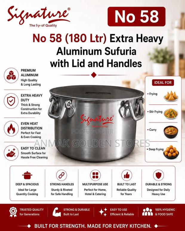 Aluminum Extra Heavy Sufurias With Lid and Handle No58 (180 LTR Approx