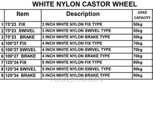 WHITE NYLON Castor Wheels Avaliable 3/4/5 Inch in Fixed/Swivel/Brake