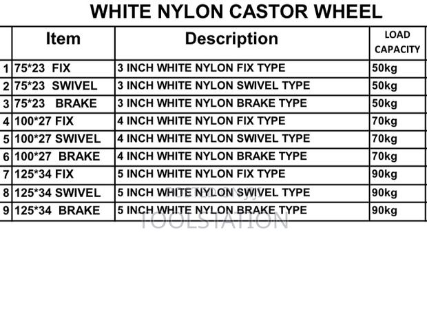 WHITE NYLON Castor Wheels Avaliable 3/4/5 Inch in Fixed/Swivel/Brake - thumbnail 2