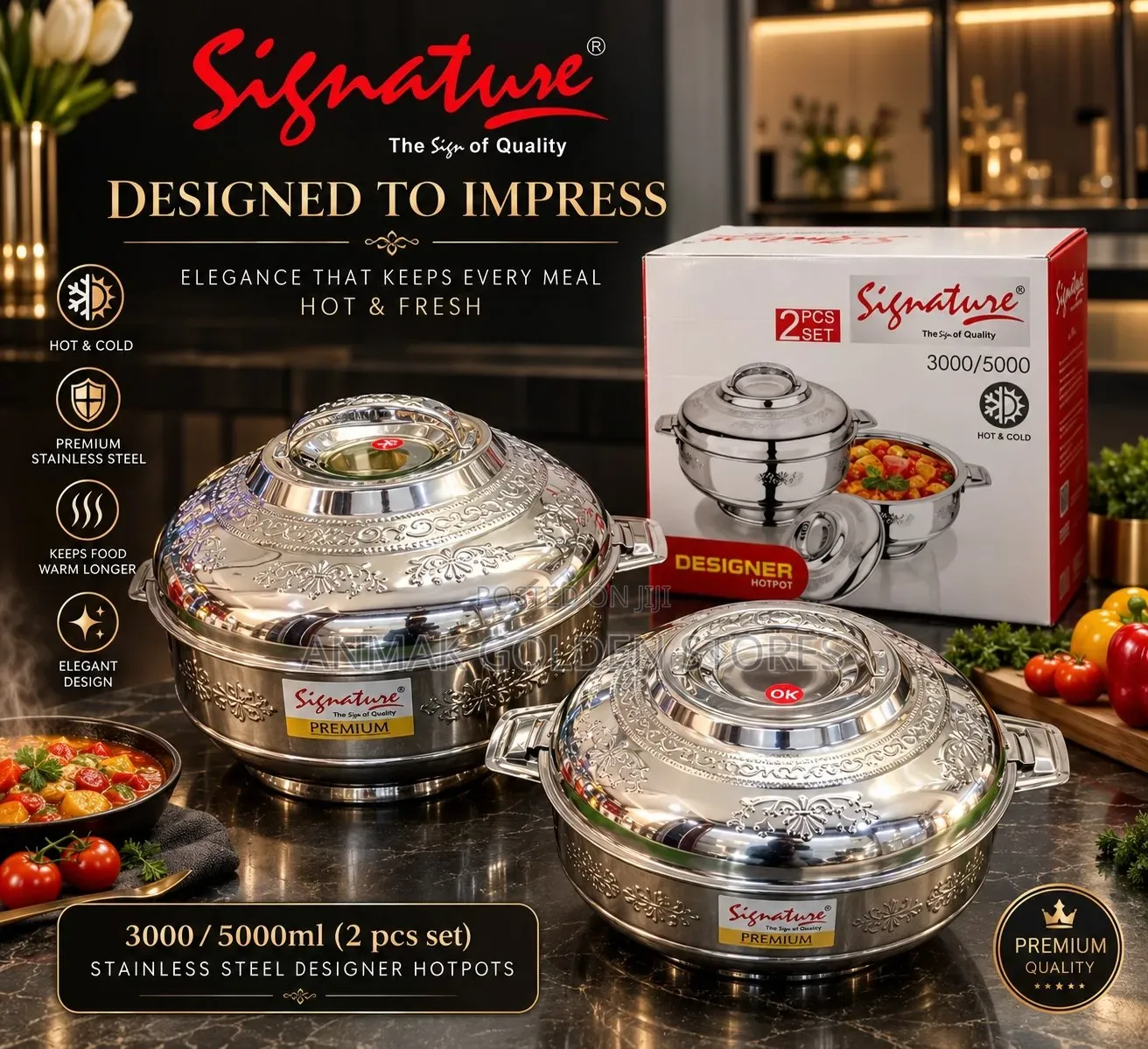 2 PCS Stainless Steel Designer Hotpots (3000/5000ml)