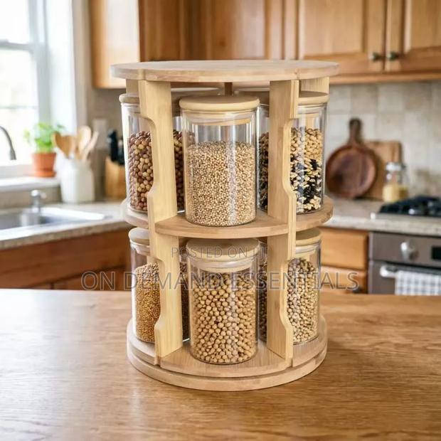 Rotating Bamboo Storage Rack Glass Storage Container Set - main view