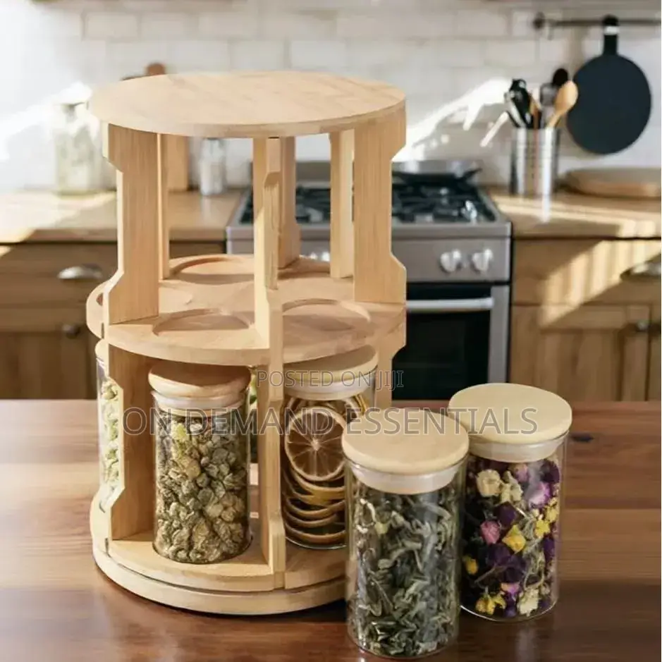 Rotating Bamboo Storage Rack Glass Storage Container Set