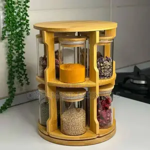 Rotating Bamboo Storage Rack Glass Storage Container Set