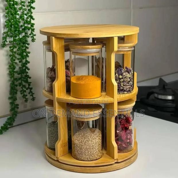 Rotating Bamboo Storage Rack Glass Storage Container Set - thumbnail 4