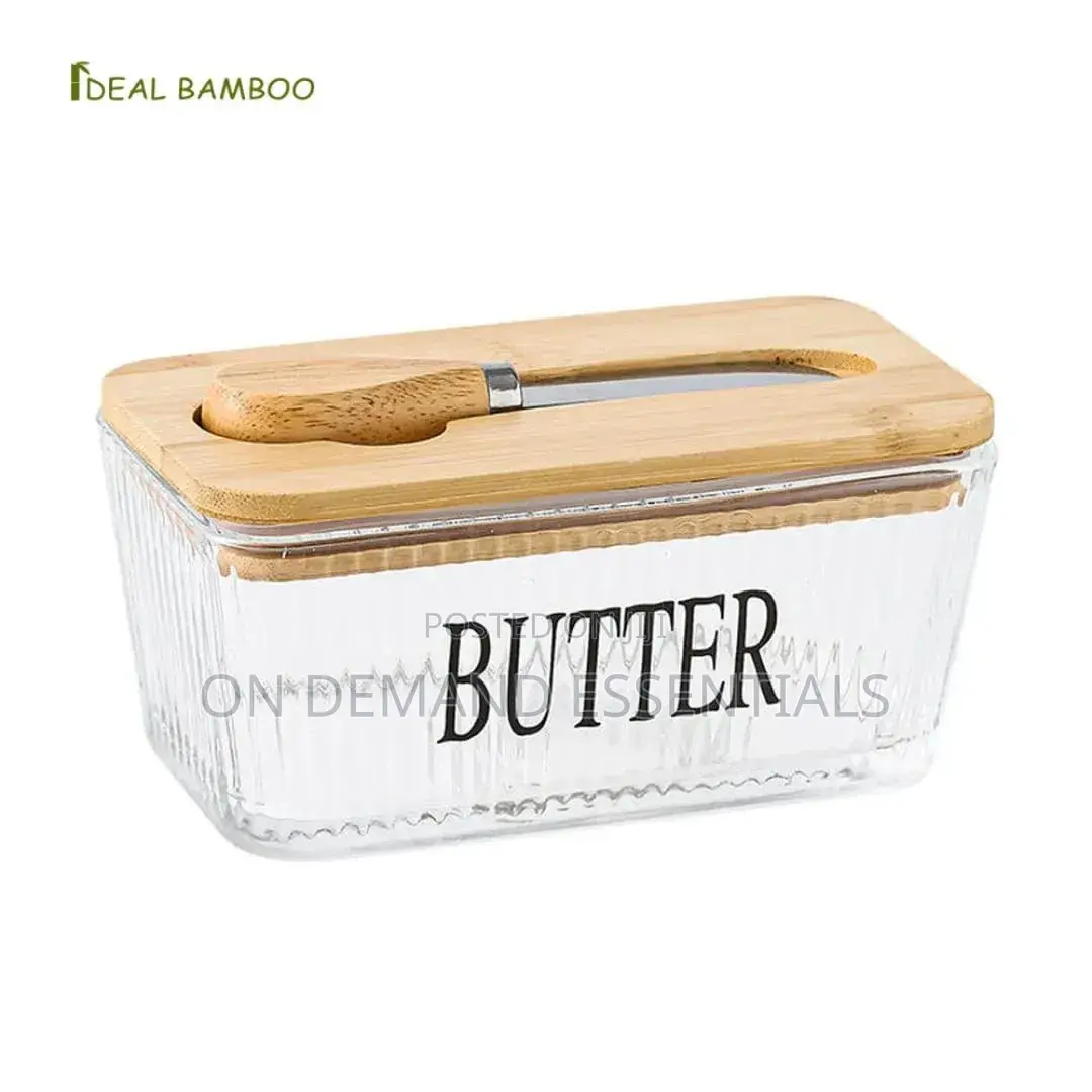 Glass Butter Dish With Bamboo Lid Knife