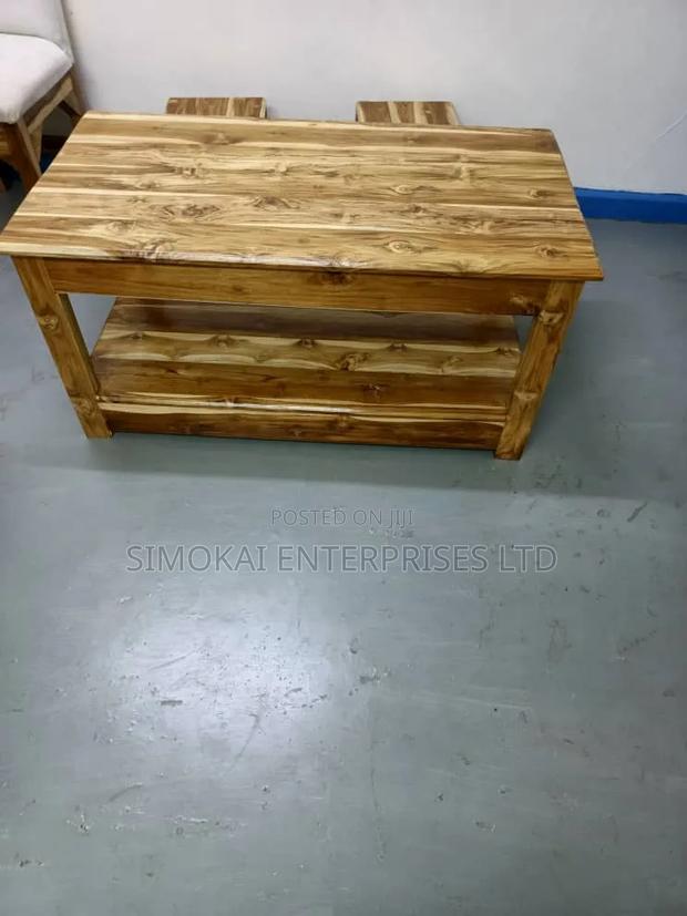 Solid Teak Wood Coffee Table + 2 Side Stools - thumbnail 2