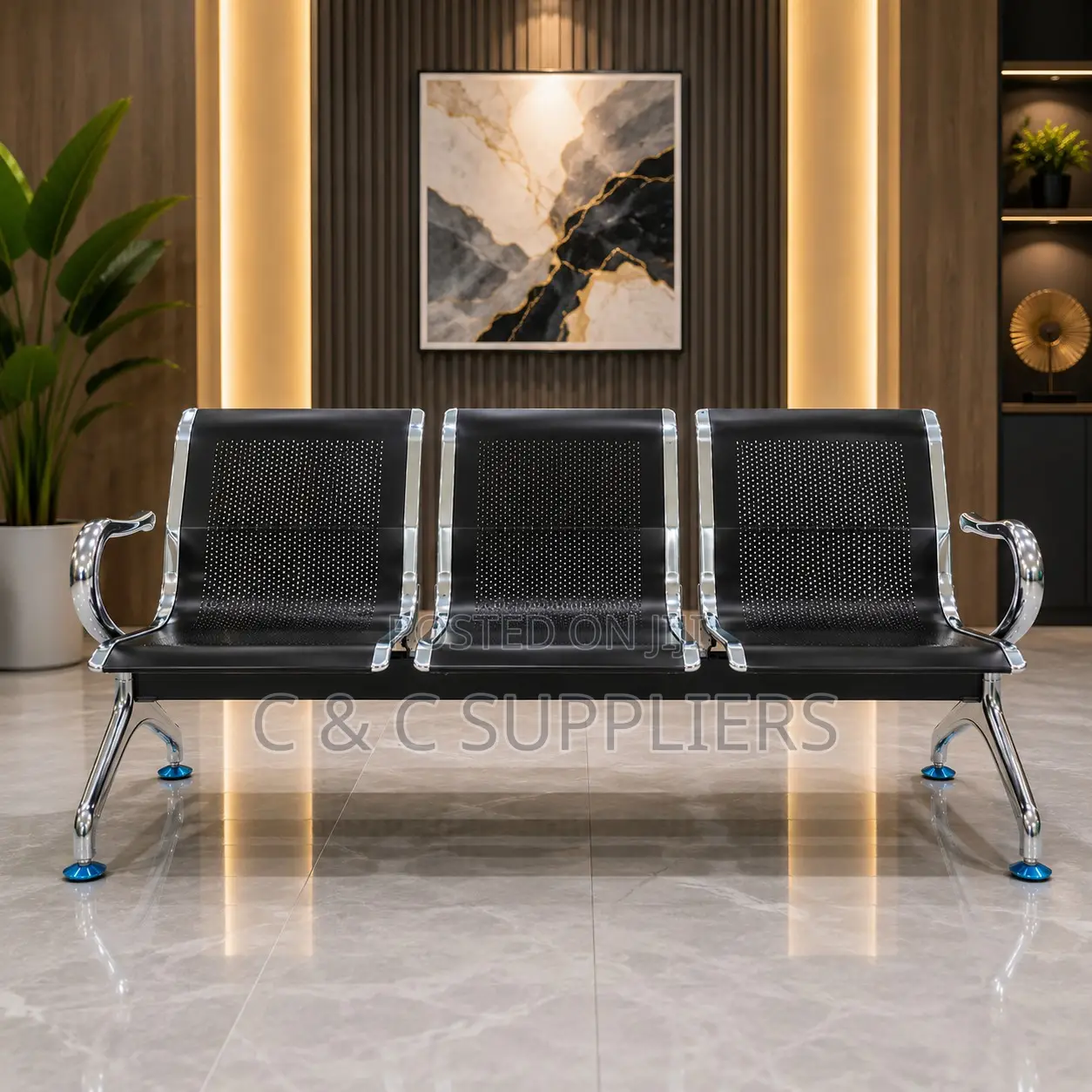 Black Metallic 3-Seater Waiting Bench