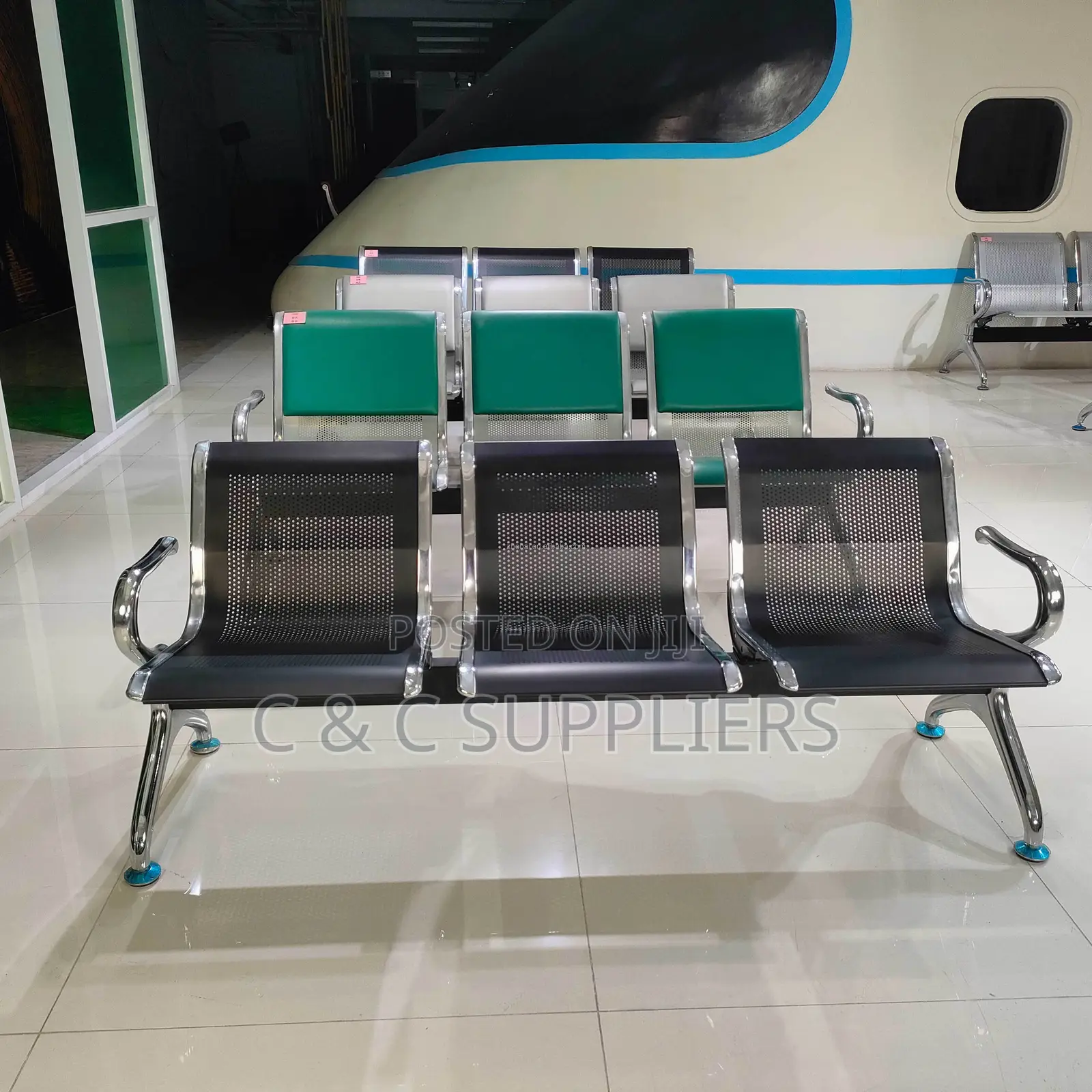 Black Metallic 3-Seater Waiting Bench