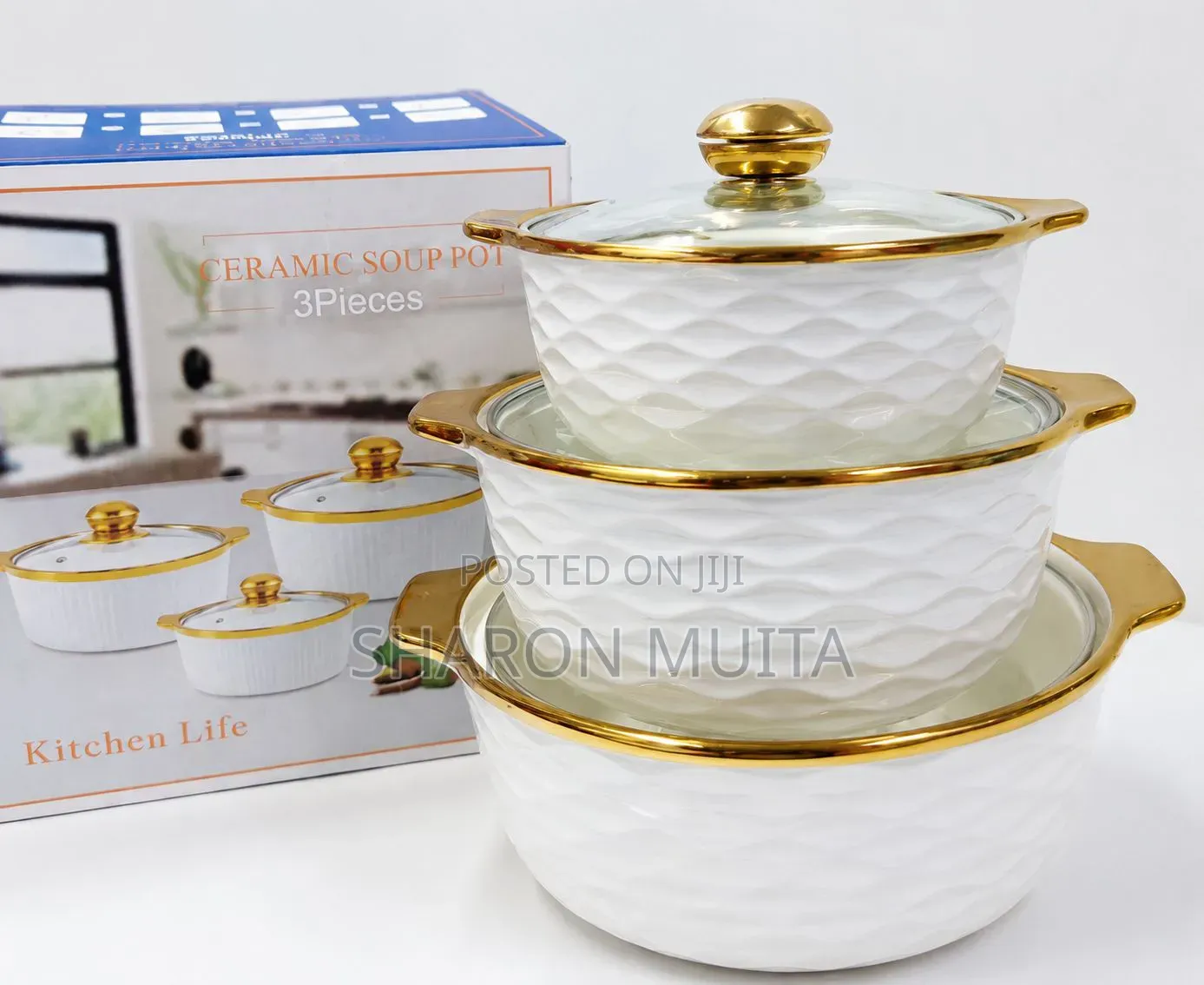 3pcs Set Gold Ceramic Casserole Serving Dishes With Glass Cover