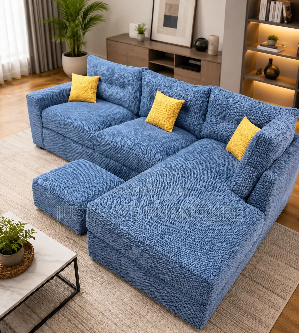 Sky Blue L-Shaped Sofa With Ottoman – 5 Seater