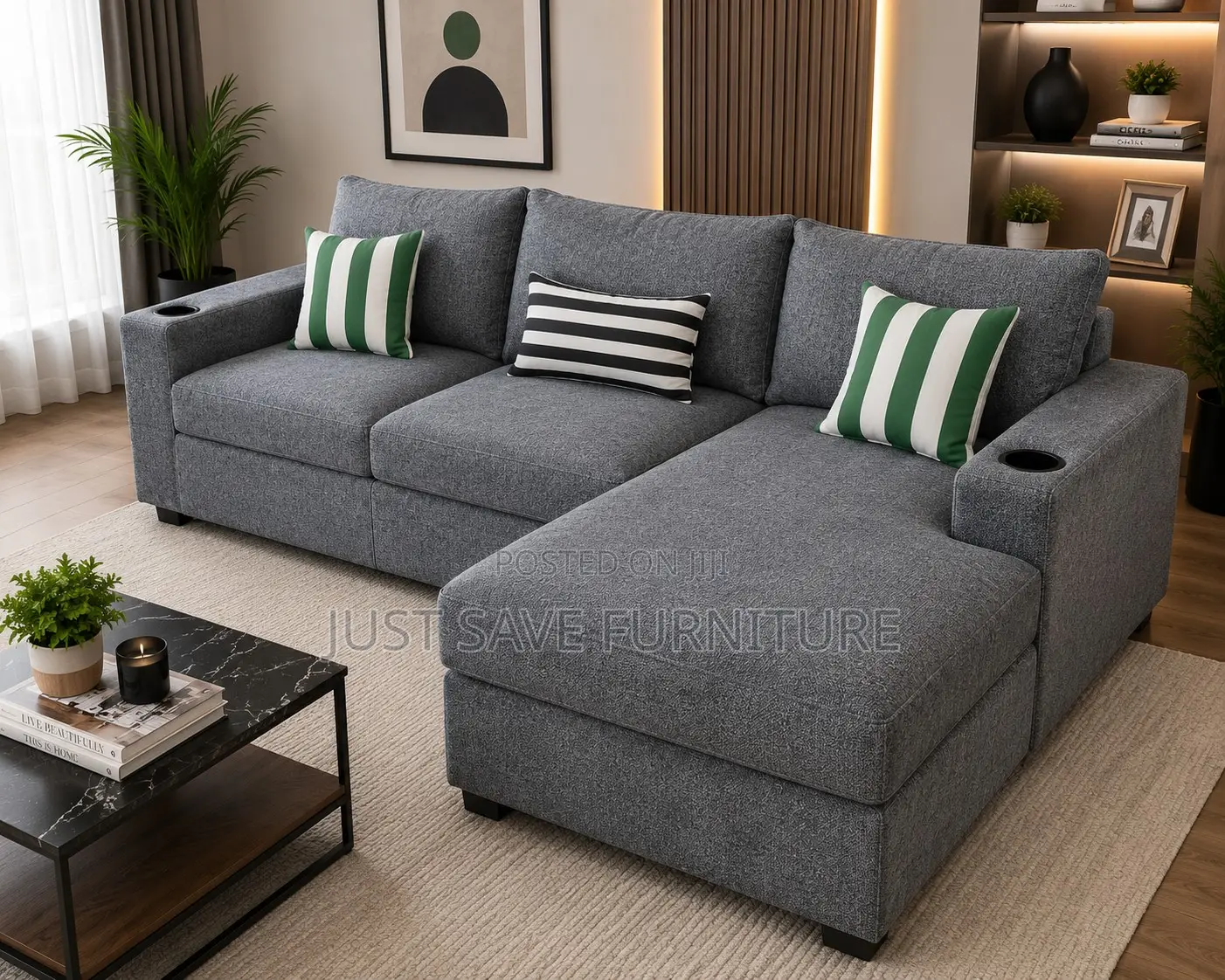 Orion Grey L-Shaped Sofa With Cup Holders