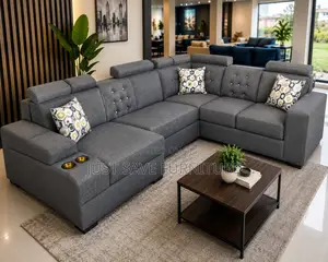 Atlas Grey L-Shaped Sectional Sofa With Headrests Cup Holders