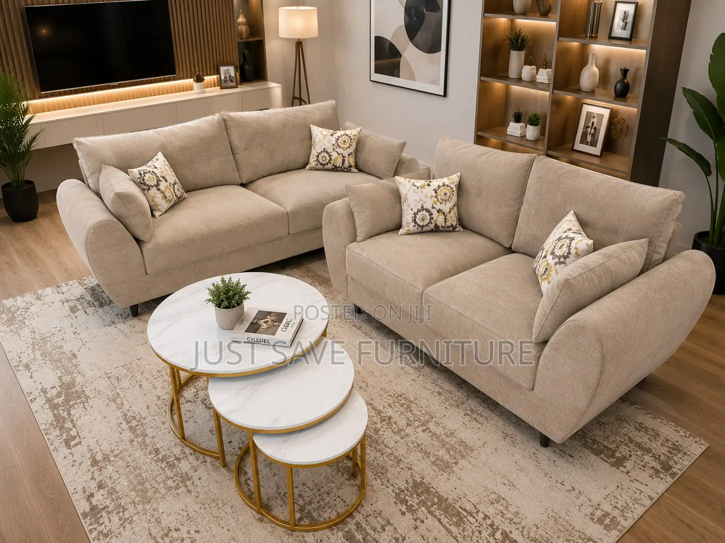 Elegant Beige Fabric Sofa Set (3+2 Seater)