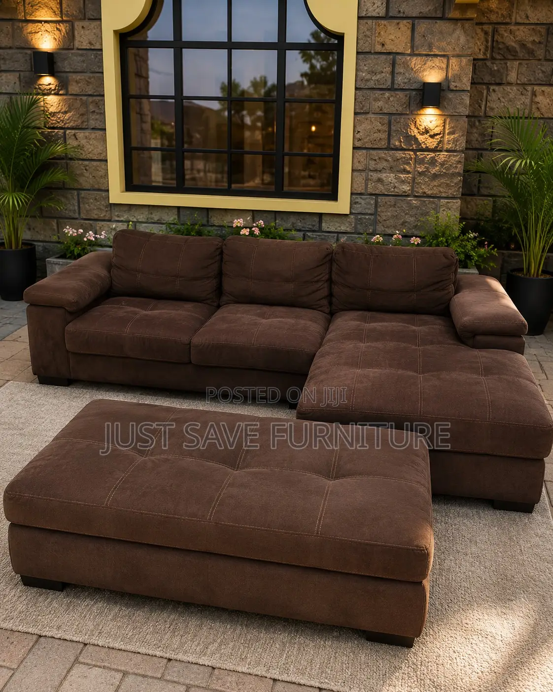 Premium Brown L-Shaped Fabric Sofa With Ottoman