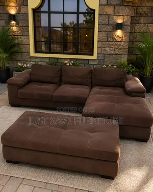 Premium Brown L-Shaped Fabric Sofa With Ottoman