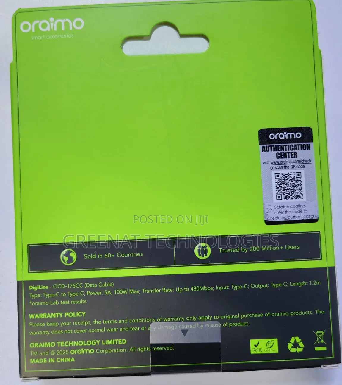 Oraimo DigiLine 100W USB-C to USB-C Fast Charging Cable 1.2M