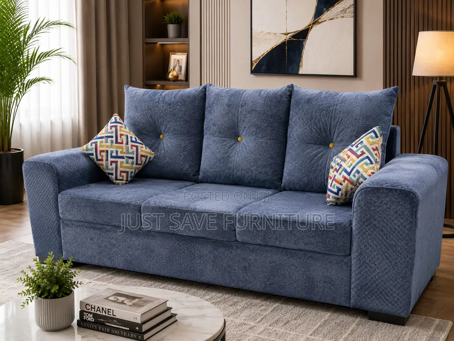 Elegant Blue Fabric 3-Seater Sofa