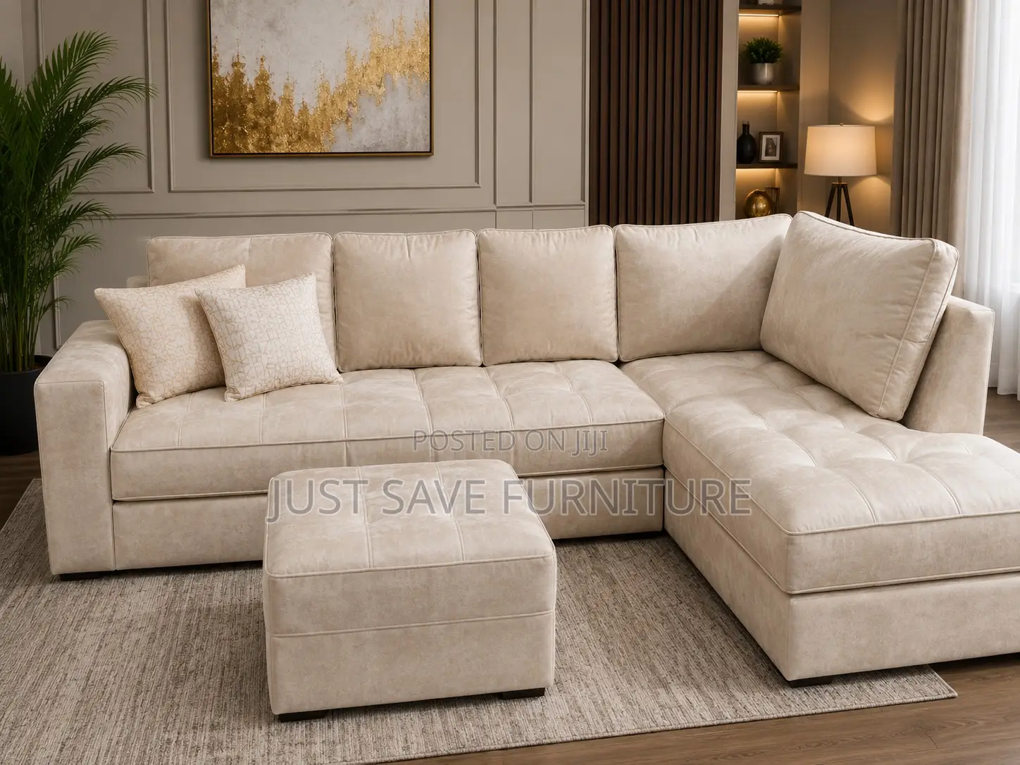 Luxury Cream L-Shaped Sectional Sofa With Ottoman