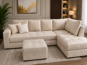 Luxury Cream L-Shaped Sectional Sofa With Ottoman