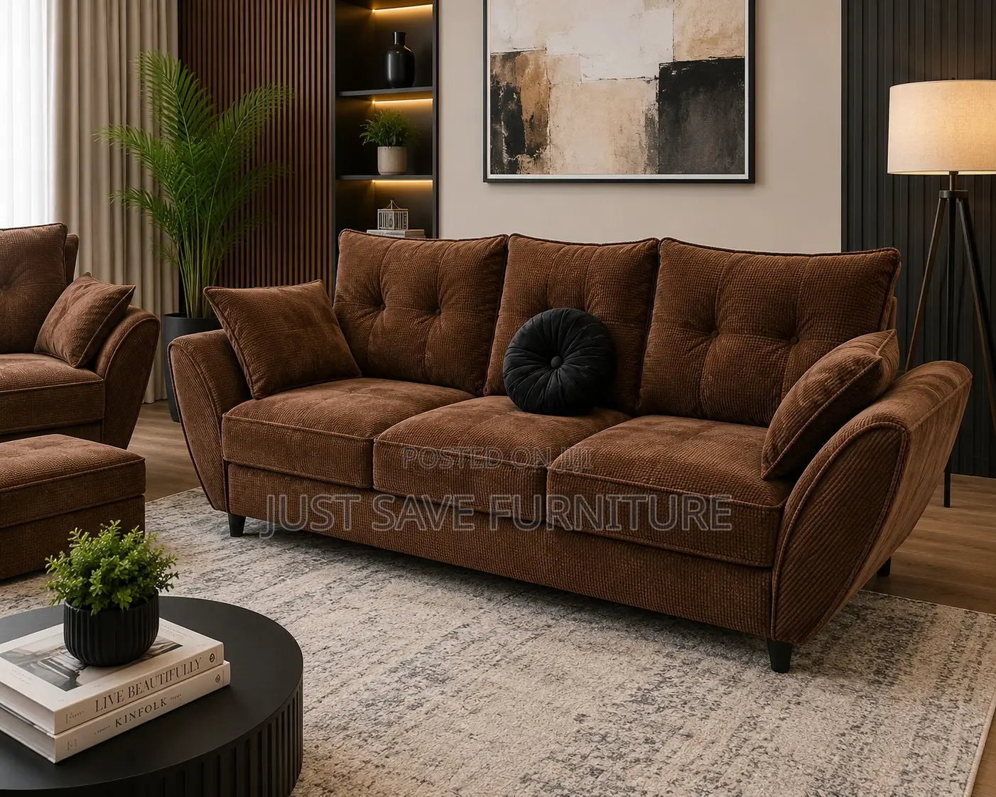 Brown 3-Seater Fabric Sofa
