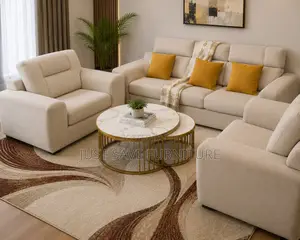 Luxury Cream Fabric Sofa Set With Marble Coffee Table