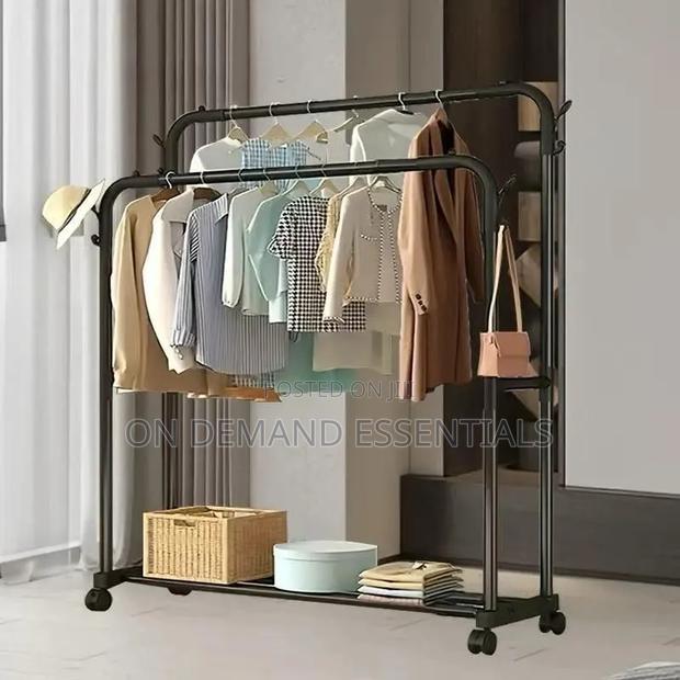 Double Pole Wheeled Cloth Rack With a Bottom Shoe Rack