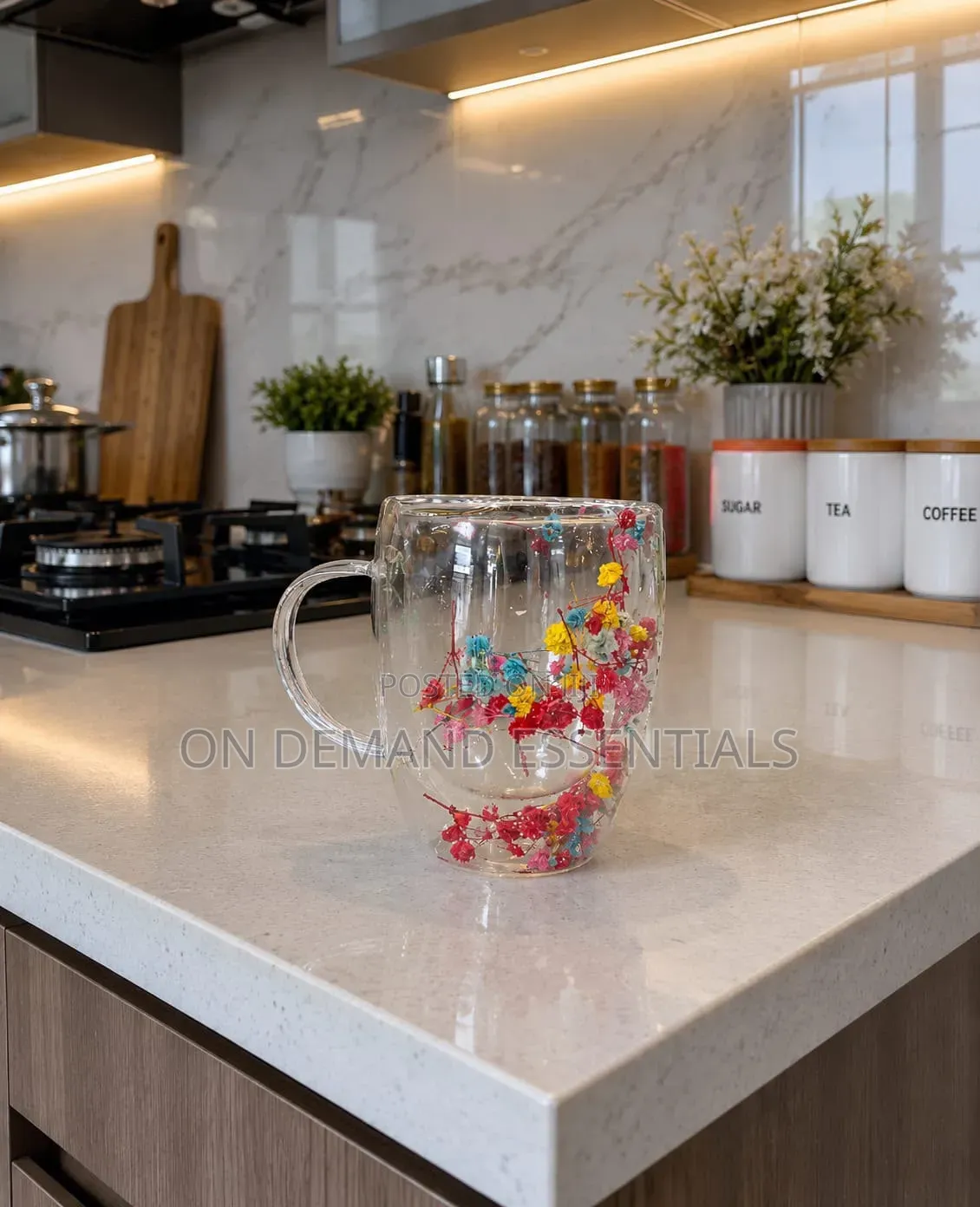 High Borosillicate Double-Wall Glass Mug With Pressed Floral Designs