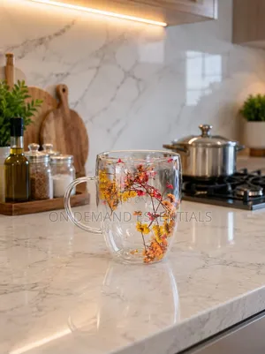 High Borosillicate Double-Wall Glass Mug With Pressed Floral Designs