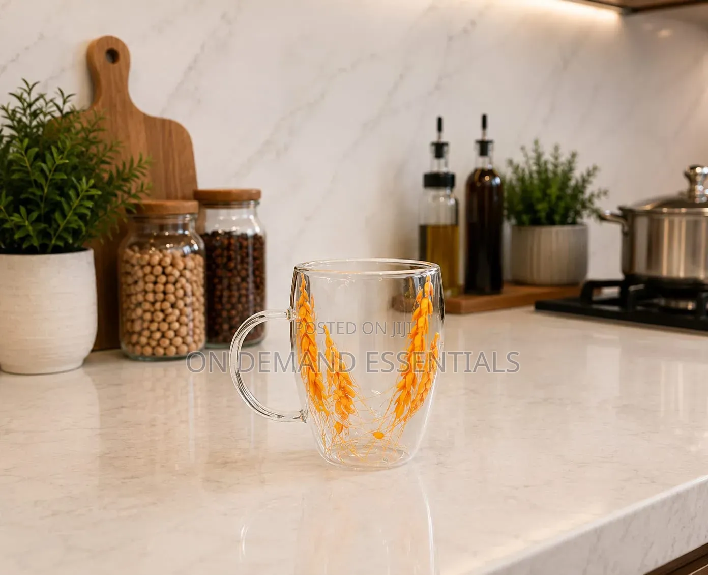 High Borosillicate Double-Wall Glass Mug With Pressed Floral Designs