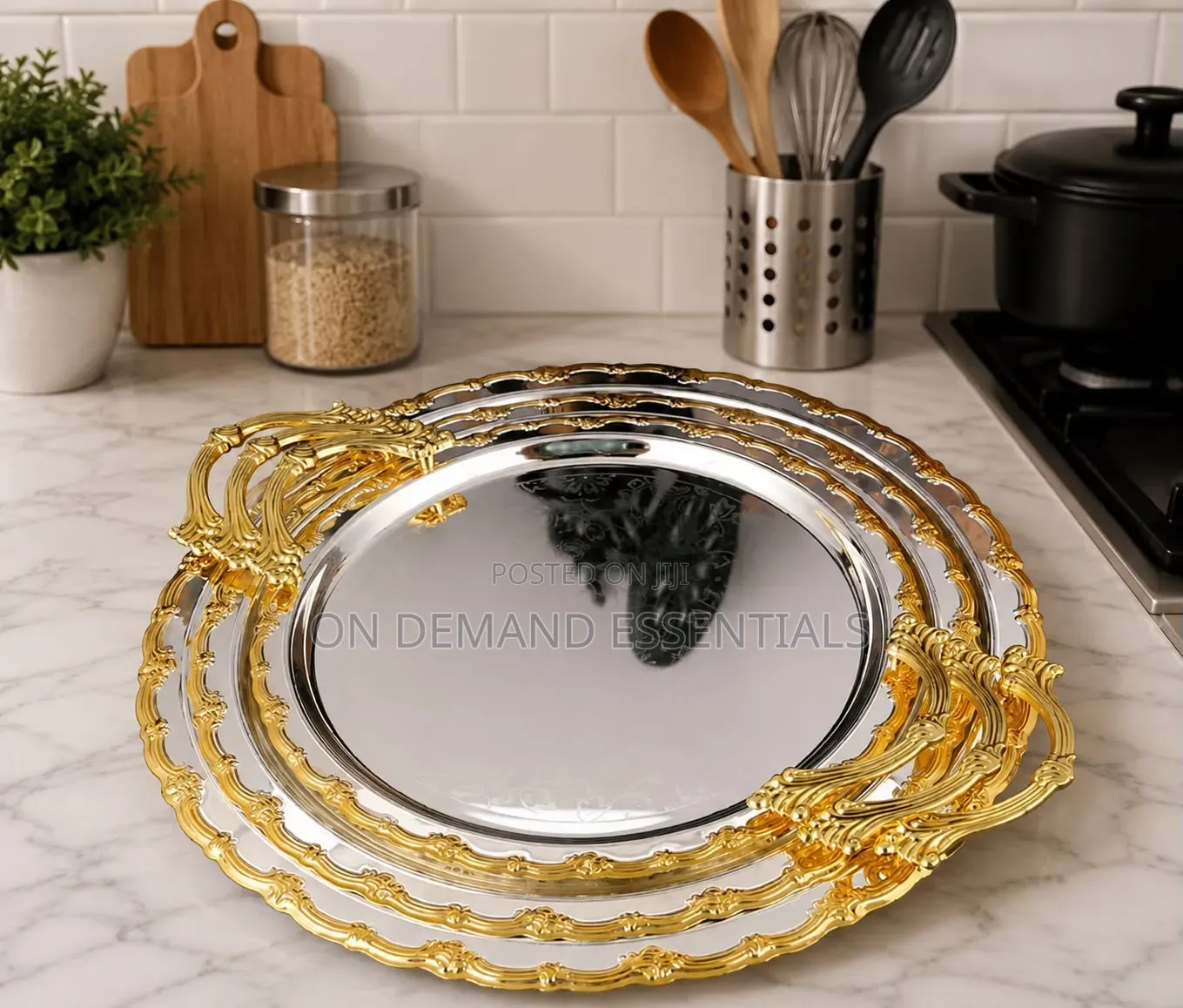 3pcs Luxury Round Gold Plated Premium Serving Tray Set