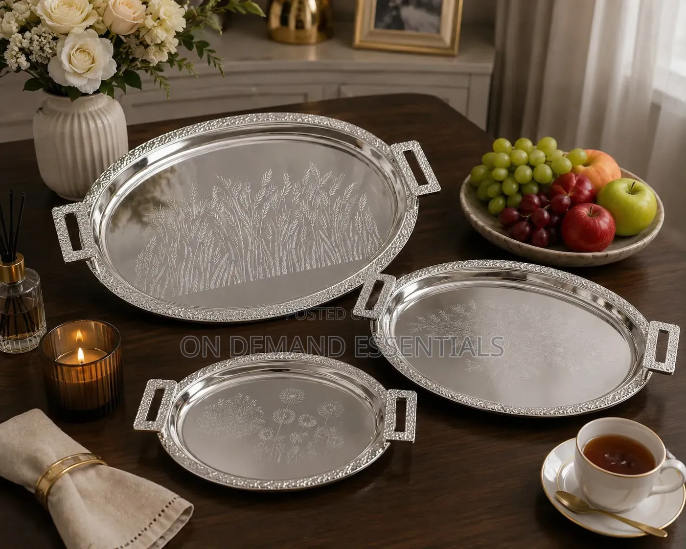 3pcs Luxury Round Gold Plated Premium Serving Tray Set
