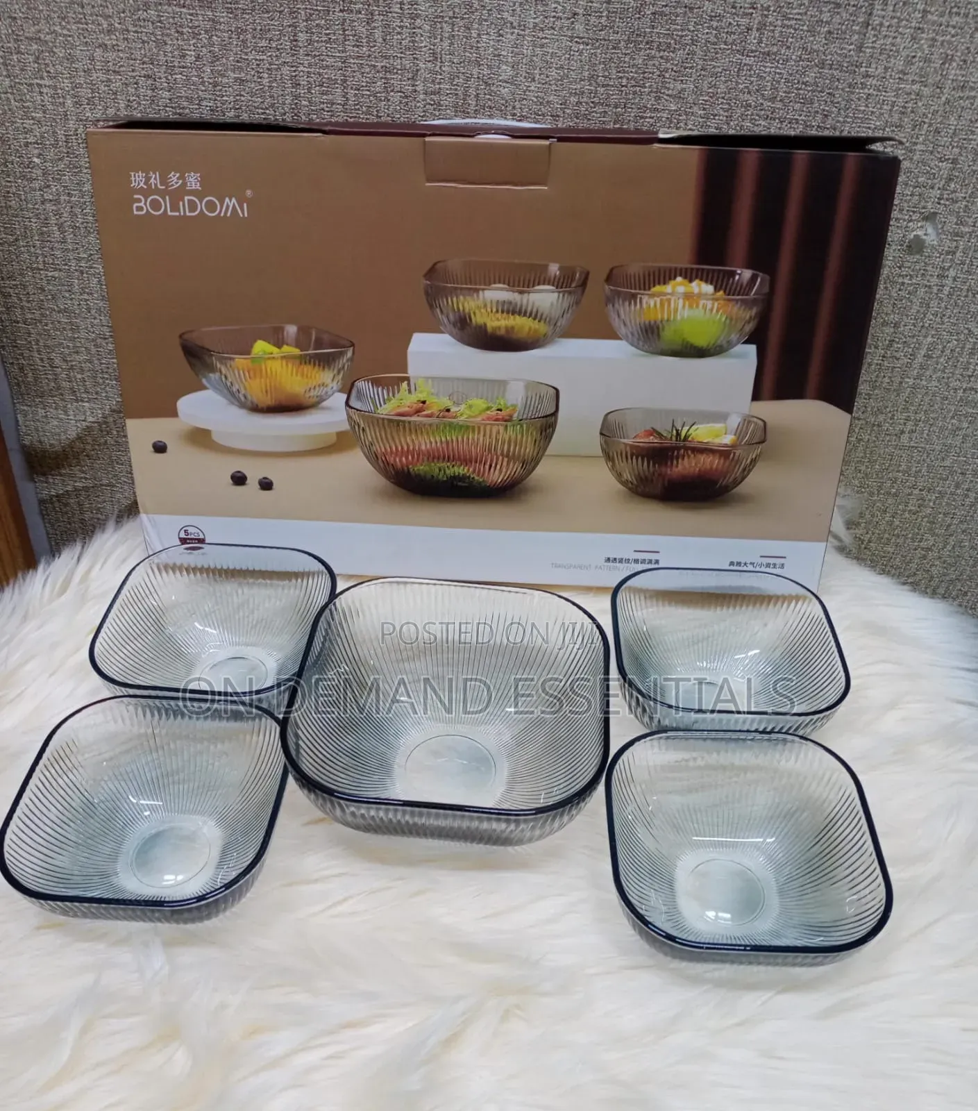 Blue-Grey Vertical Glass Salad Bowl Set Square