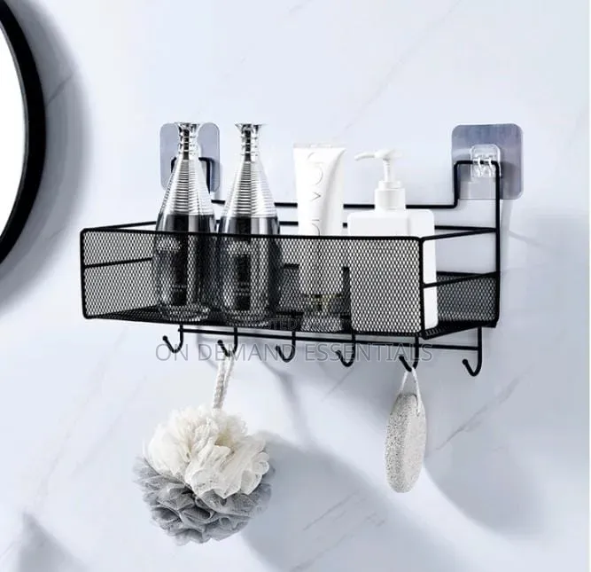 Single Layer Bathroom Shelf Shower Shampoo Rack With Hooks