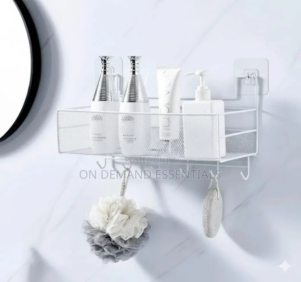Single Layer Bathroom Shelf Shower Shampoo Rack With Hooks
