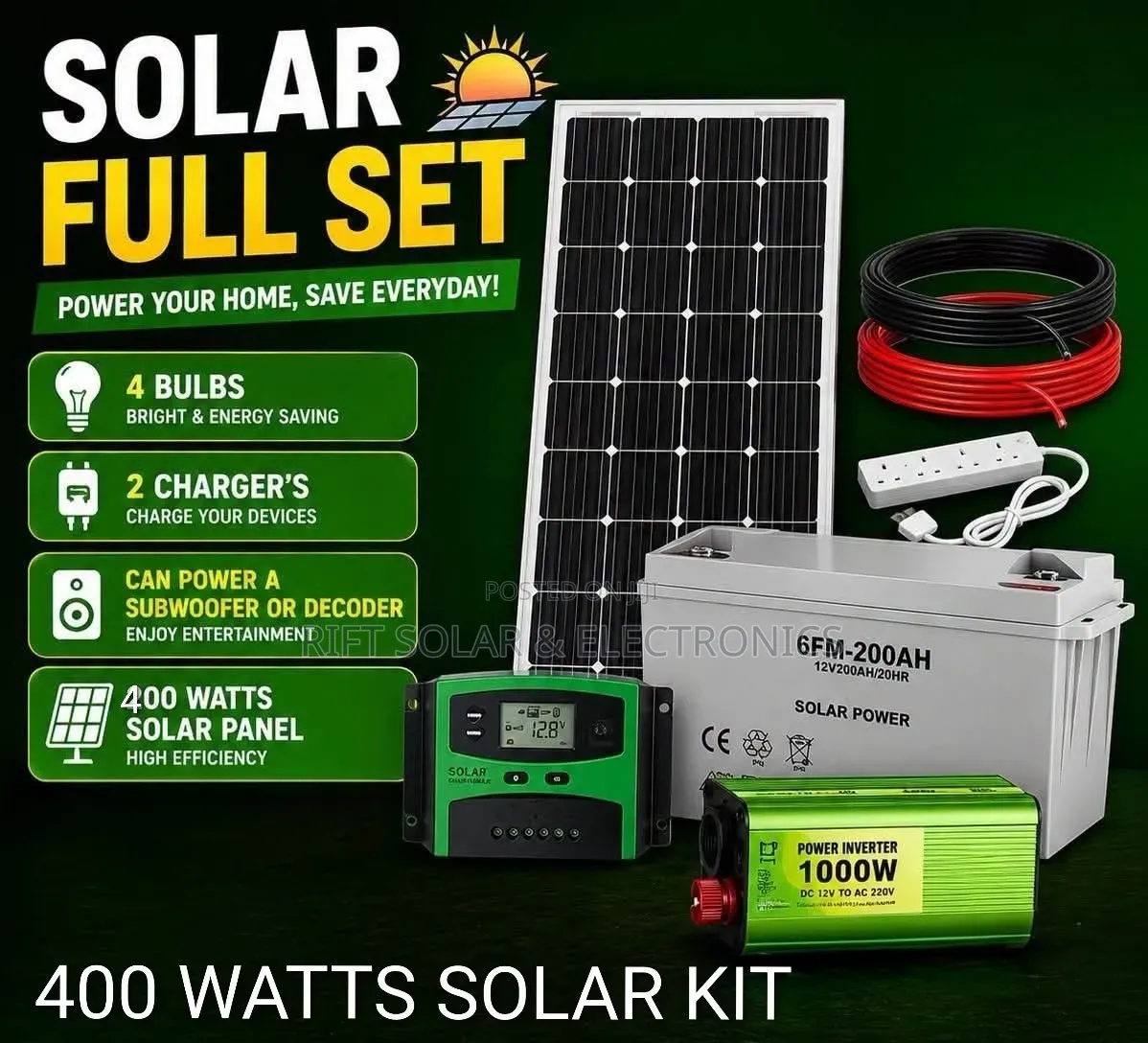 400 W Solar - 200Ah Gel Battery - 1000W Inverter - 40A Controller